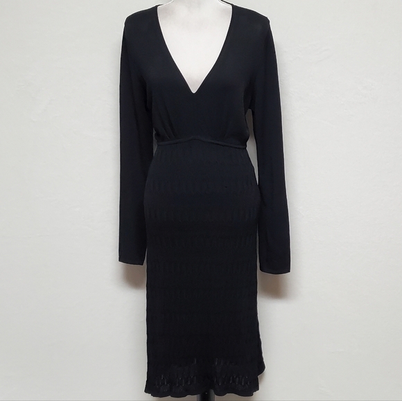 Vintage 90s Jones Wear Morticia Black Blousen Eyelet Knit V-neck Bodycon Dress - Picture 4 of 14